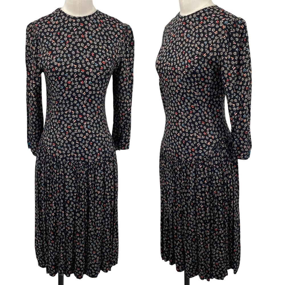 Vintage 60s 70s Ditsy Floral Midi Dress Drop Waist Pleat Skirt Long Sleeve Black